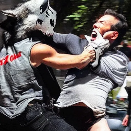 Image similar to a wolf attacking a man wearing punisher mask