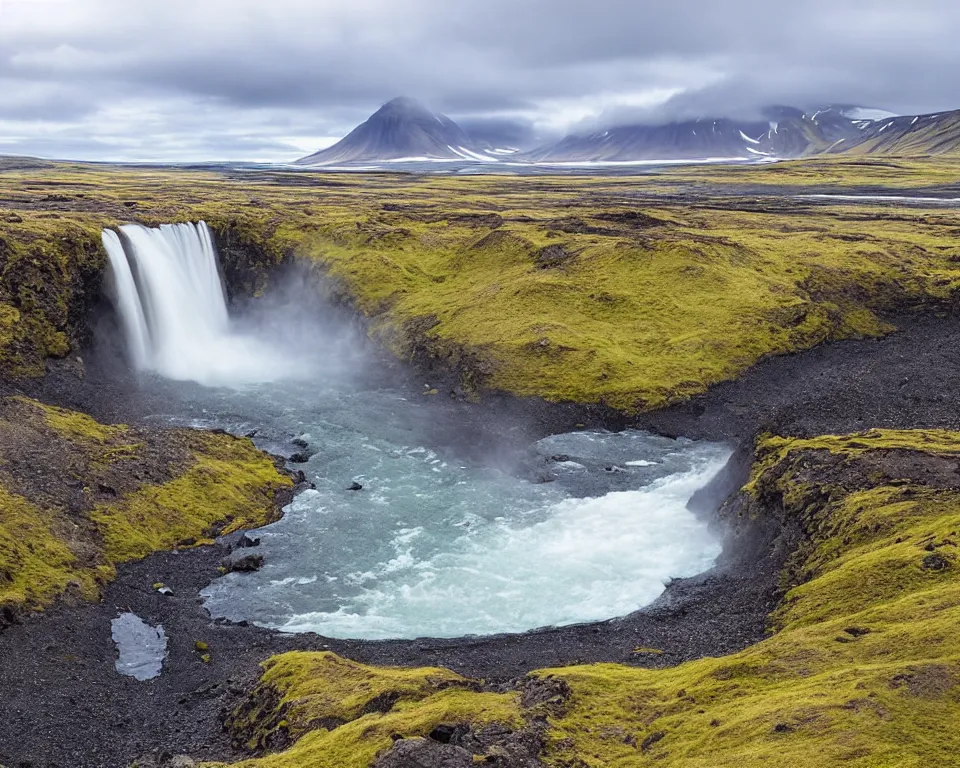 Image similar to an icelandic landscape, waterfall, hyper - realistic