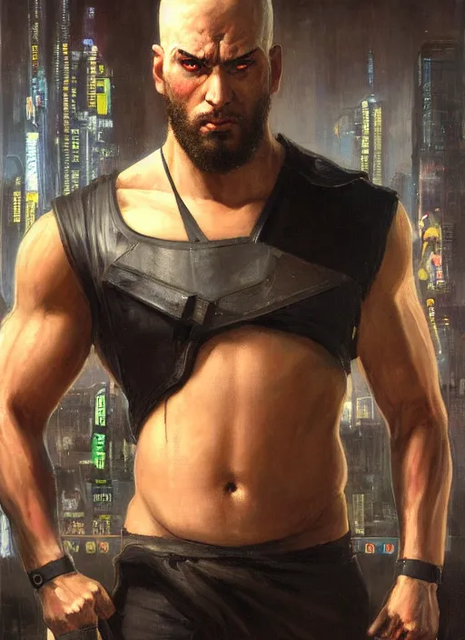 Image similar to big mike. cyberpunk meathead wearing fitness gear. (Cyberpunk 2077, bladerunner 2049). Iranian orientalist portrait by john william waterhouse and Edwin Longsden Long and Theodore Ralli and Nasreddine Dinet, oil on canvas. Cinematic, hyper realism, realistic proportions, dramatic lighting, high detail 4k