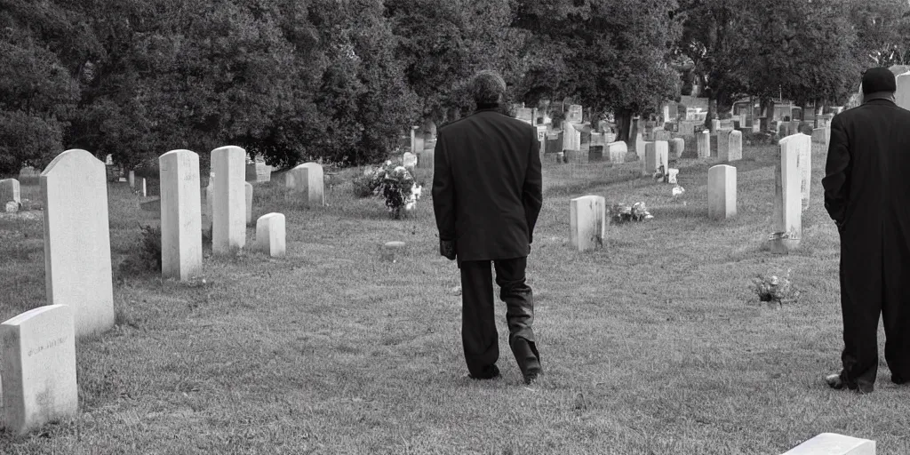 Image similar to Photo of a man in black spying on another man in the cemetery, the man's back is to the viewer