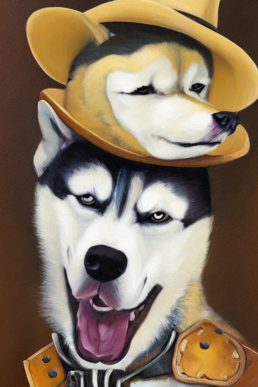 Image similar to a portrait painting of a husky in cowboy costume in the style of anime, a fistful of dollars, per un pugno di dollari, humanoid, personify, anthropomorphic, furry