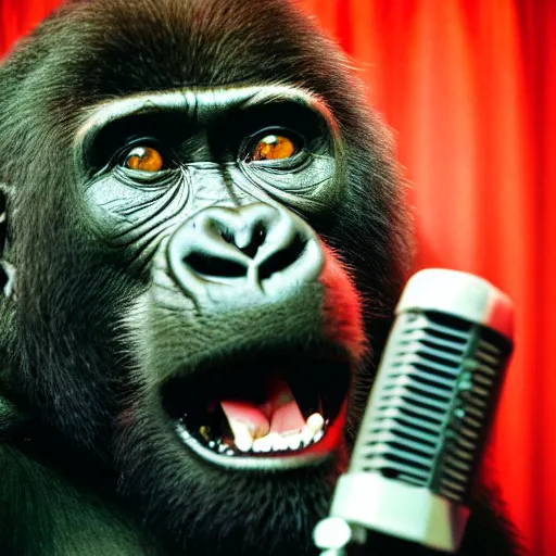 Prompt: photo of gorilla on stage with microphone, comedy club, kodak portra 4 0 0 color negative film