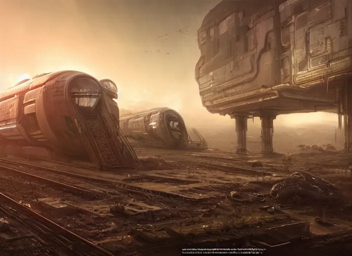 Prompt: an epic 3 d mattepainting and photobash of a massive cyberpunk cabin of alien train with style of futuristic and hyper - realist and post apocalypse including nuclear war and daylight and interstellar with scifi blockbuster cg vfx concept art riot cinematic bio hazard soviet by zdislaw beksinski and fvckrender and visualdon trending on cgsociety unreal engine 5