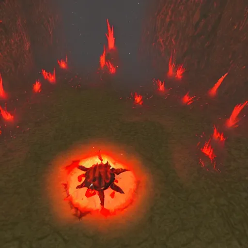 Image similar to TzKal-Zuk at the Inferno, old school runescape, lava river, magma, large shield of magma, obsidian pillars