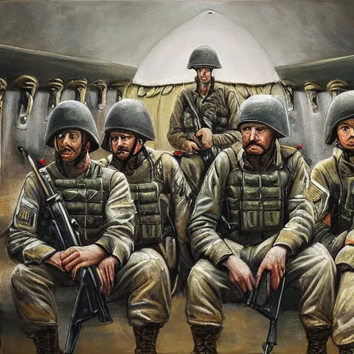 Image similar to an award winning painting of soldiers sitting inside a plane on their way to the battlefield, an emotionless look on their faces