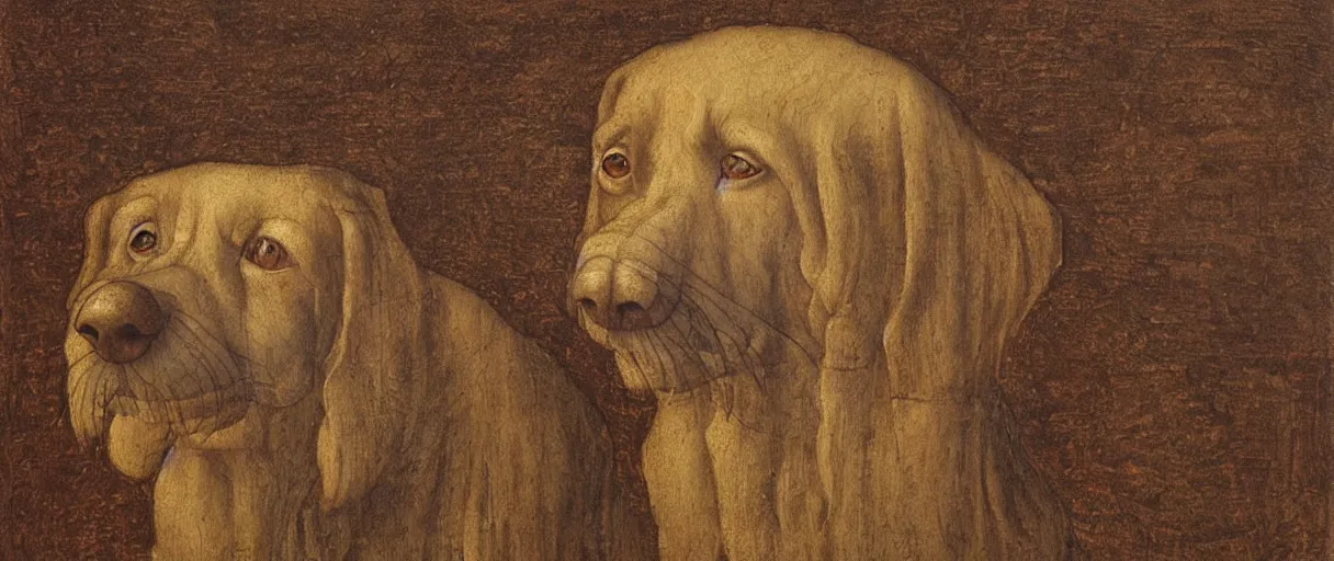 Prompt: studio portrait of a wizened old dog; extremely detailed; oil painting by Leonardo da Vinci