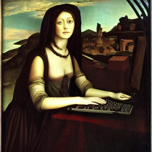 Prompt: Renaissance oil painting, creepy young lady, dark hair, typing computer keyboard staring at a giant computer screen on wall