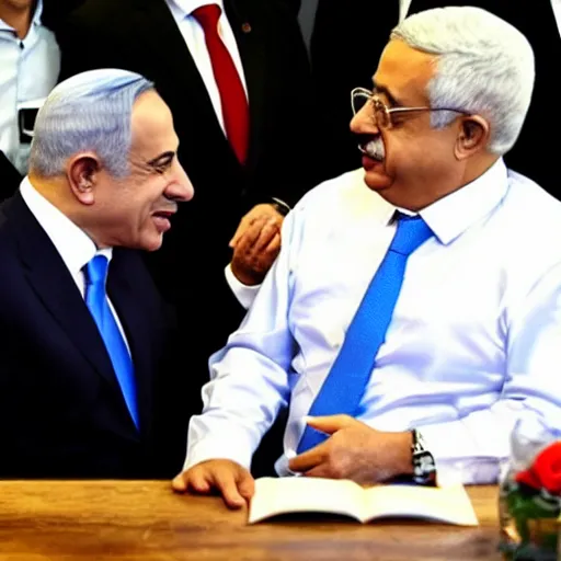 Image similar to Benjamin Netanyahu and Mahmoud Abbas kissing on the mouth, photojournalism photography