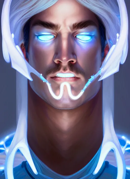 Image similar to symmetry!! portrait of man wearing white clothes with long flaming blue hair, sci - fi, glowing lights!! intricate, elegant, highly detailed, digital painting, artstation, concept art, smooth, sharp focus, illustration, art by artgerm and greg rutkowski and alphonse mucha, 8 k