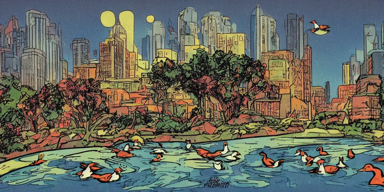 Image similar to comic book style, art deco era, landscape, city, park, ducks