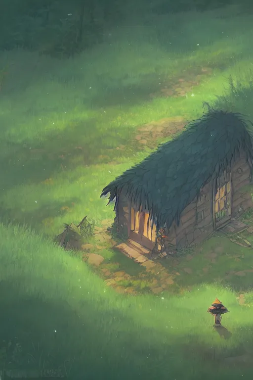 Prompt: a lonely witch's hut in a clearing in the forest on which a giant spaghetti monster is approaching, top view rule of thirds golden ratio, fake detail, trending pixiv fanbox, acrylic palette knife, style of makoto shinkai studio ghibli genshin impact james gilleard greg rutkowski chiho aoshima