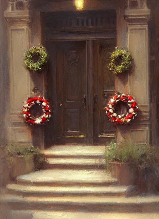 Image similar to new york apartment entrance, wreath on door, artwork by gaston bussiere, craig mullins, trending on artstation