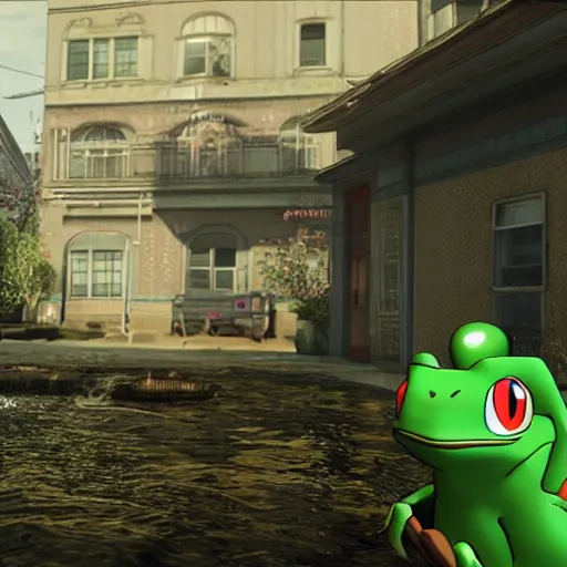 Prompt: frog pokemon, wes anderson, screenshot from call of duty black ops 2