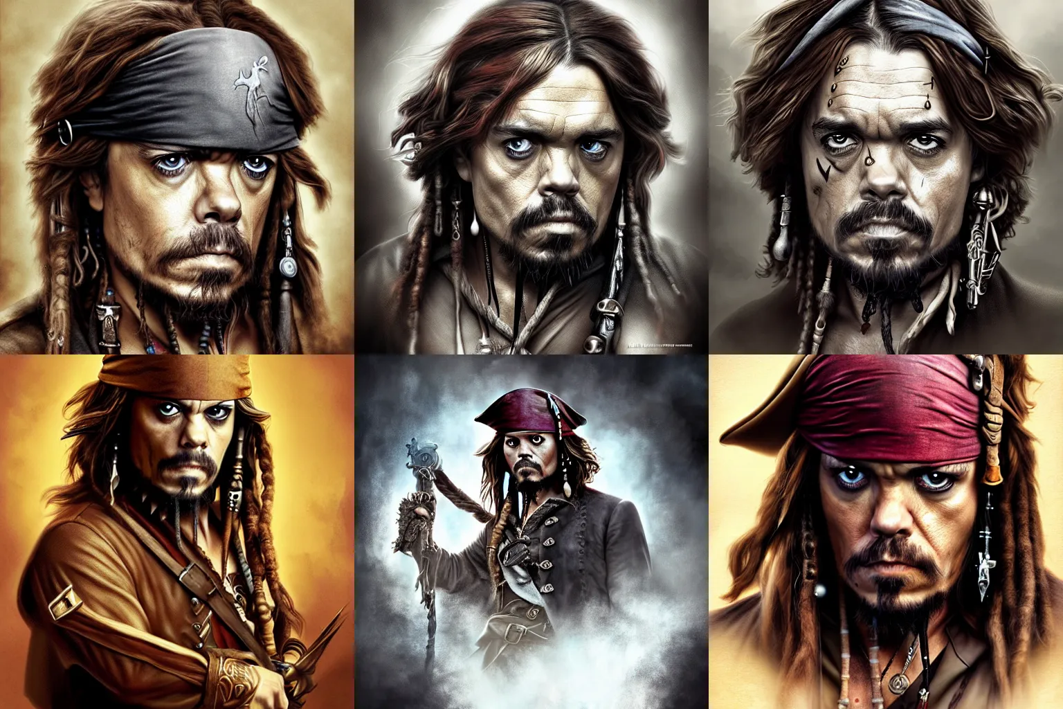 Prompt: peter dinklage as captain jack sparrow, digital painting, extremely detailed, 4 k, intricate, brush strokes, mark arian, artgerm, bastien lecouffe - deharme