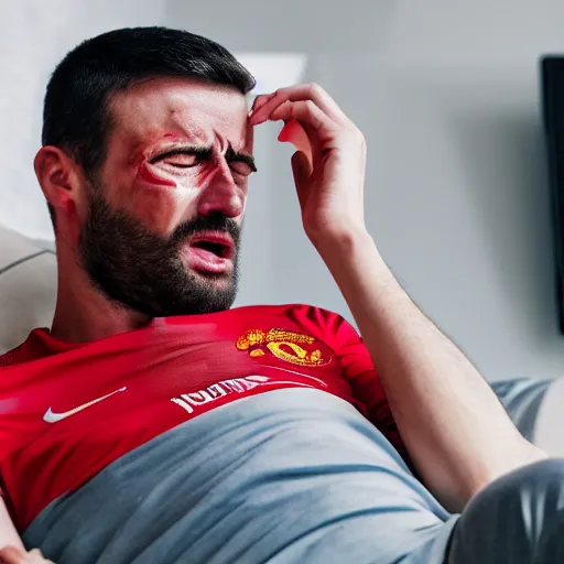 Prompt: A man crying in a Manchester United shirt while watching his TV, epic quality, sharp focus, 8k, dramatic,