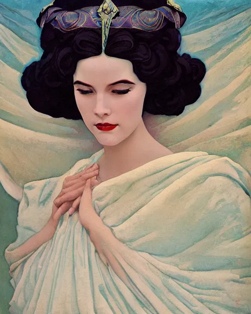 Prompt: a oil painting of a pale skin dark hair curls queen at a funeral, veil by bruce pennington by armstrong wolf, by hans emmenegger by nicholas roerich, art nouveau, pale tone, airbrush, drapery, curtain, dawn