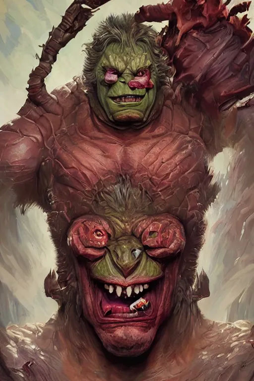 Image similar to portrait of elon musk as a hulking herculean demon orc bugbear clown, godlike, upper body, fantasy, intricate, elegant, highly detailed, digital painting, artstation, concept art, sharp focus, illustration, art by artgerm and greg rutkowski and alphonse mucha