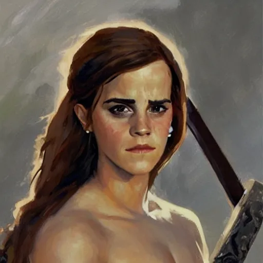 Prompt: emma watson as conan the barbarian by gregory manchess, james gurney, james jean