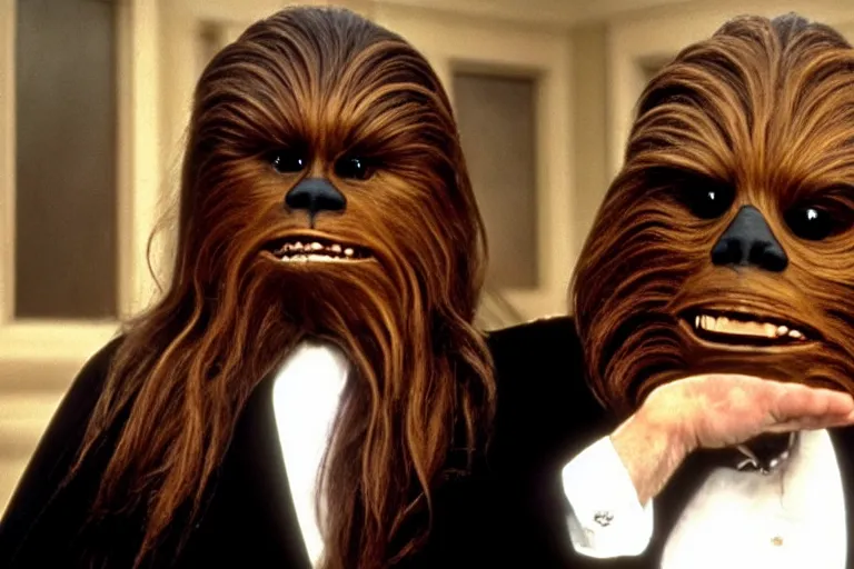 Image similar to A high quality movie still from the film Four Weddings and a Funeral, starring Chewbacca