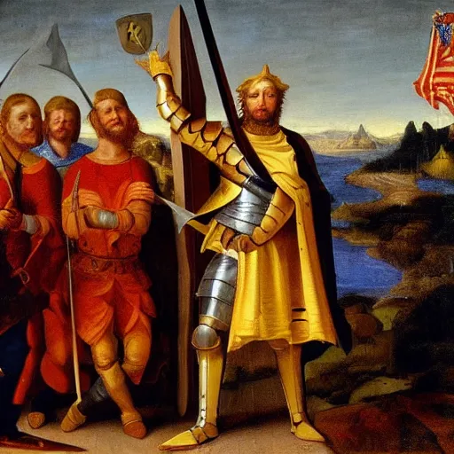 Prompt: donald trump wearing medieval armor holding a sword, renaissance painting