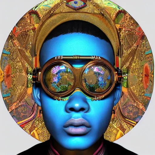 Image similar to colourful vfx upper half - portrait - art of a african tribal chief wearing steam punk goggles, art by utagawa kunisada, james jean & alphonse mucha, symmetrical, intricate detail, concept art, volumetric light, ray tracing, caricature, digital illustration, digital painting, octane 3 d render, unreal engine, sharp, pinterest, behance, art station,