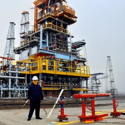 Prompt: xi jinping working on oil platform, wearing hardhat