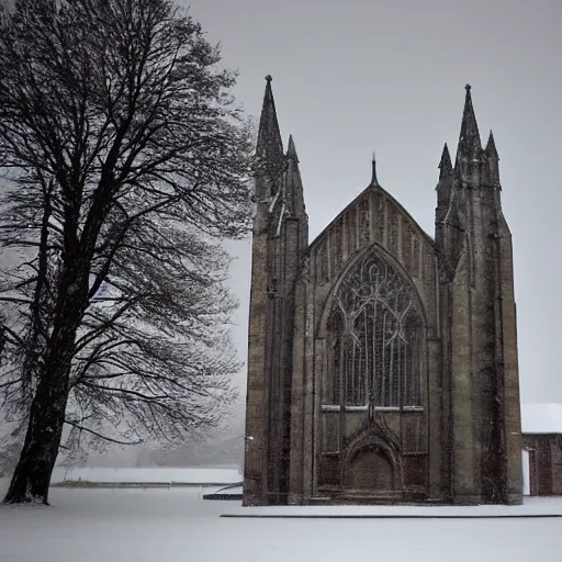 Image similar to a cathedral on a snowy plain with icicles forming on the roof. there is snow falling down from the sky which is overcast.