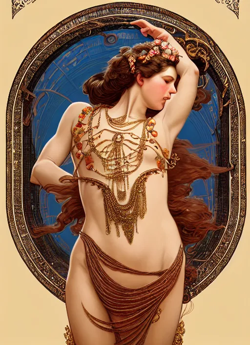 Image similar to amazing, intricate, leyendecker, michael whelan, belly dancing woman with long wavy hair, graceful arms, jeweled costume, jewels, flowers, art nouveau, stephen bliss, unreal engine, by greg rutkowski, loish, ferdinand knab, ilya kuvshinov, rossdraws, tom bagshaw, alphonse mucha, global illumination, radiant light