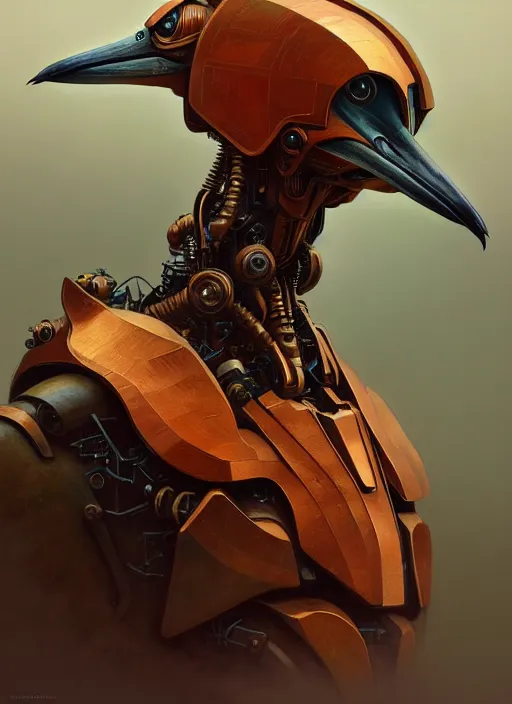 Image similar to portrait of rusty anthropomorphic mecha - boat - billed heron shady dealer, intricate, elegant, highly detailed animal monster, digital painting, artstation, concept art, smooth, sharp focus, illustration, art by artgerm and greg rutkowski and alphonse mucha, 8 k