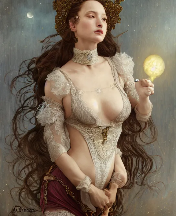 Image similar to the moon goddess, intricate and detailed lace set, suspenders, honey birdette, realistic renaissance portrait, highly detailed, digital painting, artstation, concept art, smooth, sharp focus, cinematic lighting, art by john collier, artgerm and greg rutkowski and alphonse mucha and jacques louis david