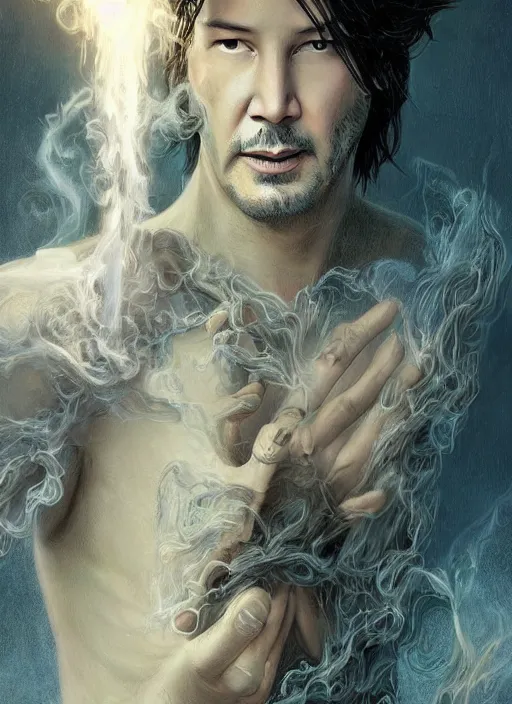 Image similar to keanu reeves as sandman, with fingers and hair turning into smoke, vertigo, shaved, pale skin!, fantasy, intricate, elegant, highly detailed, digital painting, artstation, concept art, wallpaper, smooth, sharp focus, illustration, art by artgerm and greg rutkowski and alphonse mucha