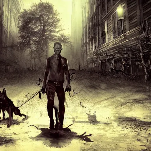 Image similar to dogwalker with german shepherd as angry zombie in a city park, full body portrait, horror core, apocalyptic, sharp focus, fiction, hyper detailed, digital art, trending in artstation, cinematic lighting, studio quality, smooth render, unreal engine 5 rendered, octane rendered, art style and nixeu and wlop and krenz cushart