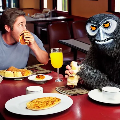 Prompt: mothman eating breakfast with sasquatch at a diner