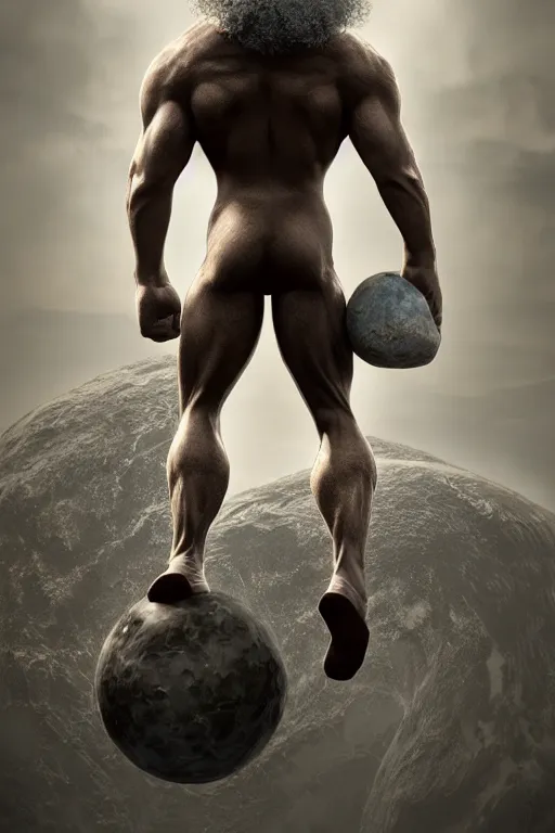 Image similar to a muscular man carrying the Earth on his back, big beard, bold, hyperrealistic, concept art, octane render, unreal engine 5, trending on Artstation, high quality, highly detailed, 8K, soft lighting, anatomically correct, five fingers, blue background, geometric, digital art, trending on DeviantArt, matte painting, fantasy style, dramatic lighting, cinematic