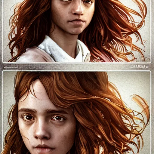 Image similar to hermione granger, au naturel, grey eyes, hyper detailed, digital art, trending in artstation, cinematic lighting, studio quality, smooth render, unreal engine 5 rendered, octane rendered, concept art, smooth, sharp focus, illustration, art by artgerm and greg rutkowski and alphonse mucha and ian sprigger and wlop and krenz cushart