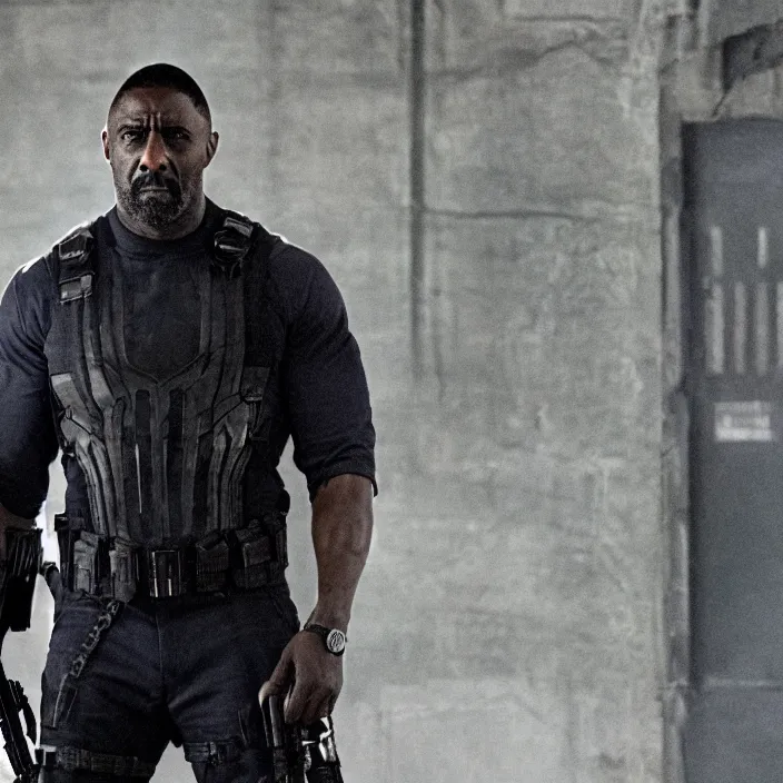 Image similar to film still of Idris Elba as Punisher in new Marvel film, photorealistic 4k