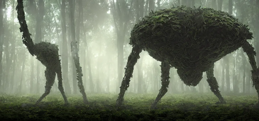 Image similar to a complex organic fractal 3 d metallic symbiotic ceramic humanoid megastructure creature in a swampy lush forest, foggy, sun rays, cinematic shot, photo still from movie by denis villeneuve, wayne barlowe