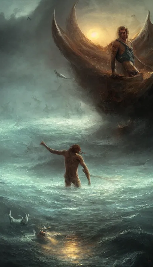 Image similar to man on boat crossing a body of water in hell with creatures in the water, sea of souls, by wlop