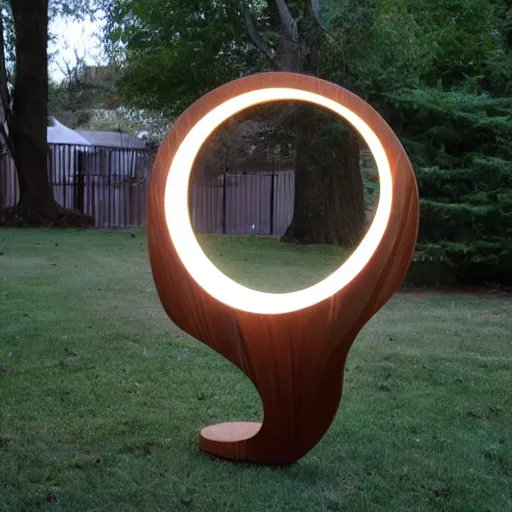 Image similar to circle shaped sculpture, curves, wood, lights