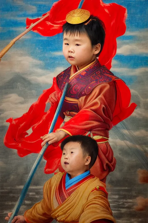 Image similar to a masterpiece portrait of legendry nezha flies riding on the wind fire wheels across the sea, water everywhere, chinese mythology, chinese male child, cute face, side view, red cloth around his shoulders, hold spear, cinematic, fantasy character portrait, highly detailed, by ne zha ( 2 0 1 9 ), fenghua zhong, bob byerley