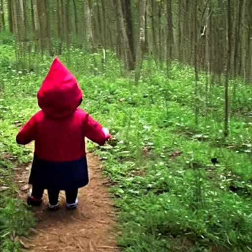 Image similar to bad quality screenshot of a leaked video of a small person dressed as gnome looking at me at a forest trail, photo taken from far away, night time, bright camera flash, camera shaking, disturbing, very scary, realistic, very disturbing, ultrarealistic, 480p, scary