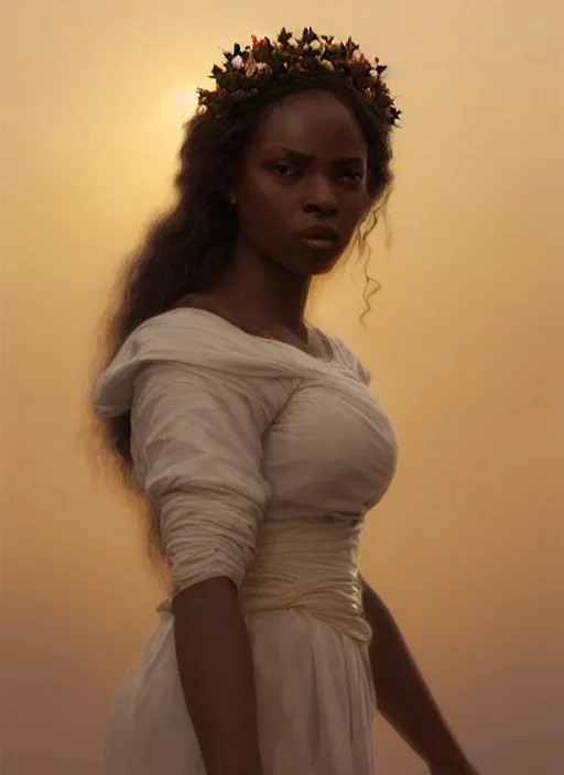 Prompt: oil painting close up portrait of a contemplative young black woman with long dark flowing hair in a white dress, wearing a crown of lilies of the valley at sunset, hazy, digital art, chiaroscuro, artstation, cinematic, golden hour, digital art painting by greg rutkowski, william - adolphe bouguereau, hazy atmosphere, cinematic lighting