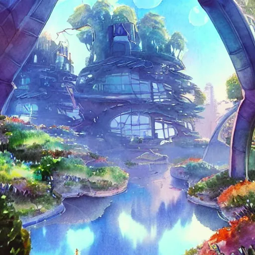 Image similar to Beautiful happy picturesque charming futuristic sci-fi town in harmony with nature. Beautiful light. Water and plants. Nice colour scheme, soft warm colour. Beautiful detailed watercolor by Lurid. (2022)