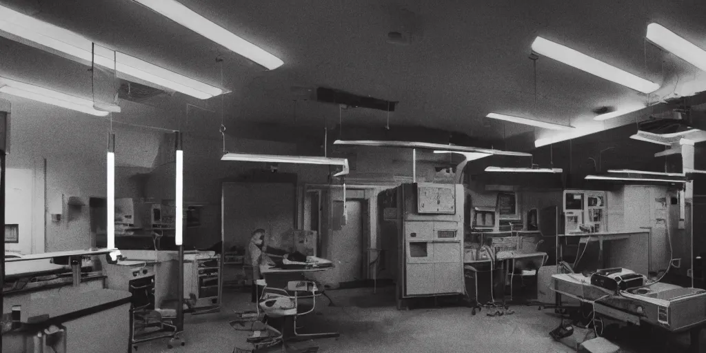 Image similar to a screaming and angry creature with a TV monitor for its head, inside of a 1970s science lab, neon lights, dirty, ektachrome photograph, volumetric lighting, f8 aperture, cinematic Eastman 5384 film