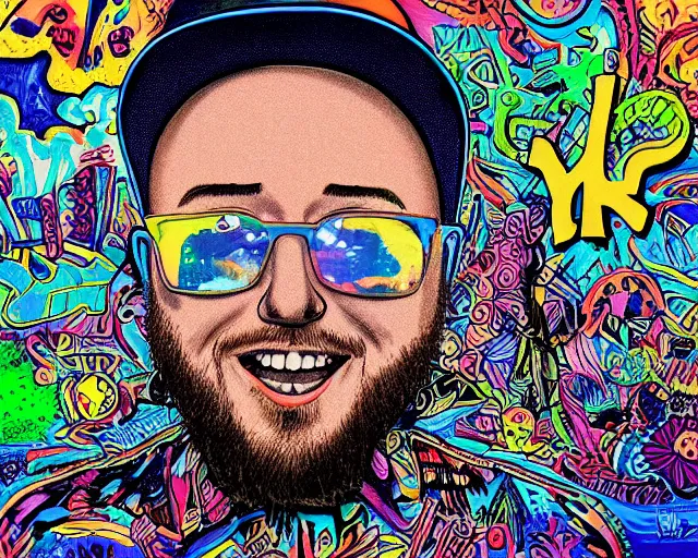 Image similar to mac miller, mushroom trip, art style by john keebs lee, pittsburgh, blue slide park, good vibes, peace, love, 4 2 0, don't trip, swimming in circles, highly detailed