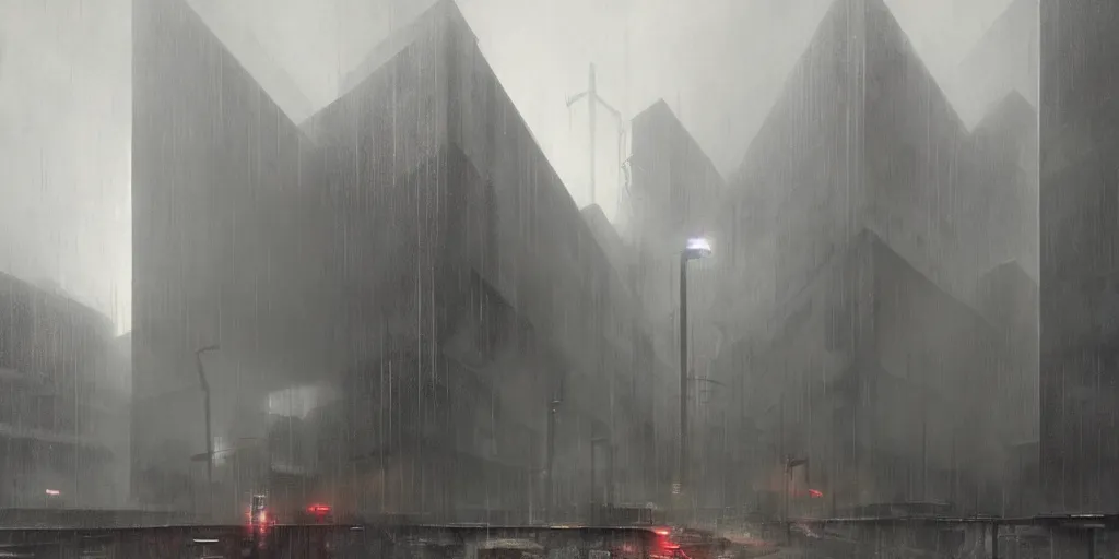 Prompt: brutalist architecture, rainy day, ominous evening, matte painting by greg rutkowski and craig mullins