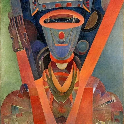 Prompt: portrait of a robot shaman, by annie swynnerton and edward hopper and diego rivera and rufino tamayo and jean delville and evelyn de morgan, art deco shaman, stylized geometric flowers, art brut, outsider art, symbolist, dramatic lighting, god rays, clean crisp graphics, smooth sharp focus, extremely detailed, adolf wolfli