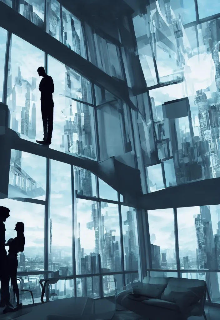 Prompt: silhouette of a couple in a futuristic appartment, window with a futuristic city, rossdraws, global illumination, radiant light, detailed and intricate environment