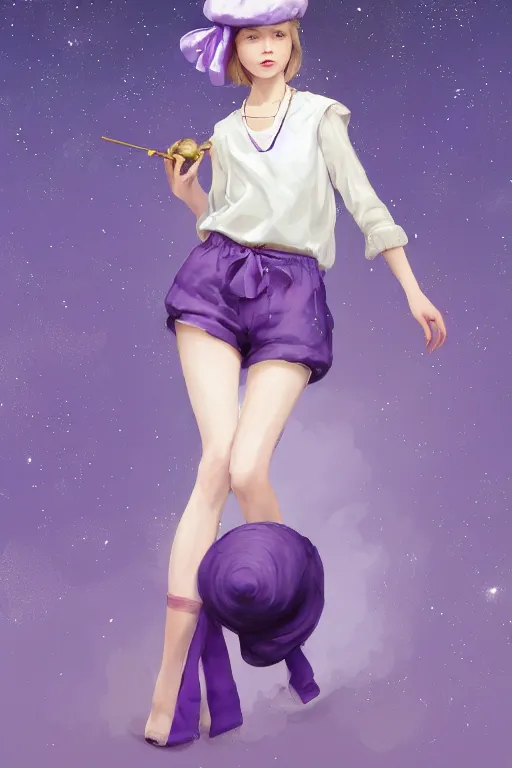 Prompt: Full View girl with short blond hair wearing an oversized purple Beret, Baggy Purple overall shorts, Short Puffy pants made of silk, silk shoes, a big billowy scarf, Golden Ribbon, and white leggings Covered in stars. Short Hair. masterpiece 4k digital illustration by Ruan Jia and Mandy Jurgens, award winning, Artstation, art nouveau aesthetic, Alphonse Mucha background, intricate details, realistic, panoramic view, Hyperdetailed, 8k resolution, intricate art nouveau
