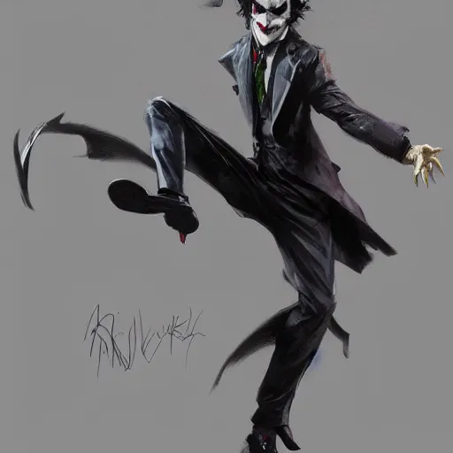 Image similar to joker sketch, full body, dynamic pose, painted by greg rutkowski